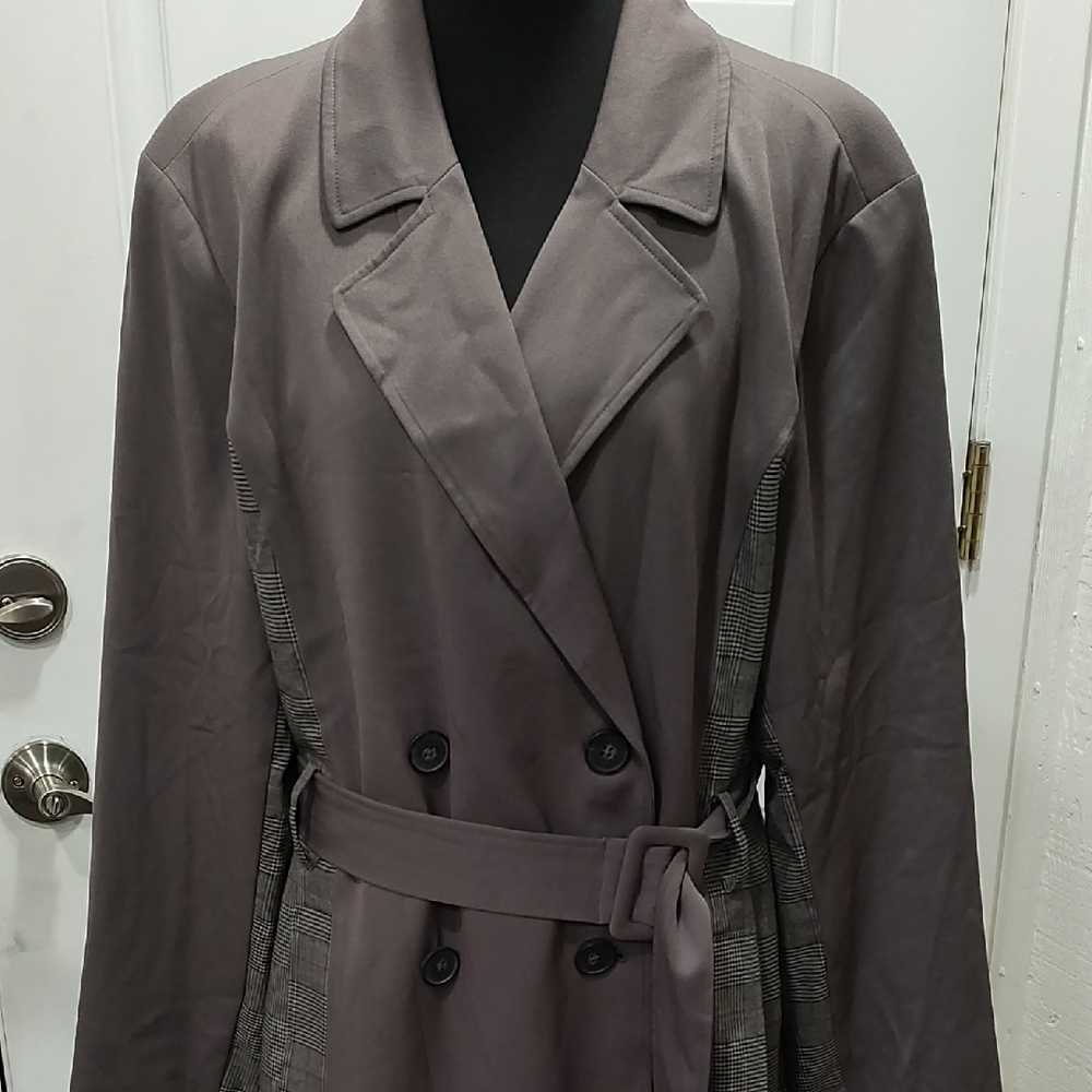 Womens Double-Breasted Trench Coat in Gray with Plaid Side Panels - Picture 2 of 13